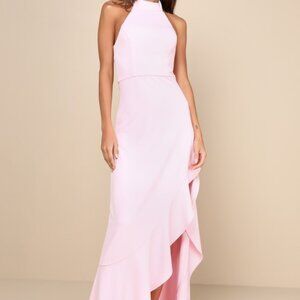 Lulus Majestic Perfection Light Pink Ruffled Halter Maxi Dress - Size M